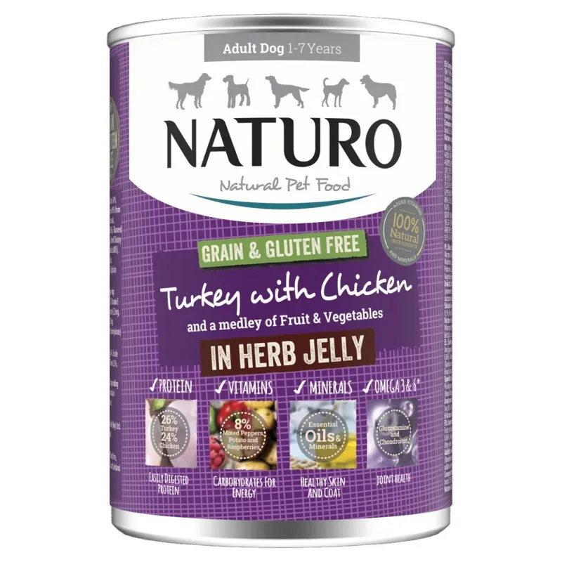 Naturo Adult Grain and Gluten Free Turkey with Chicken in Herb Jelly Tin 390g